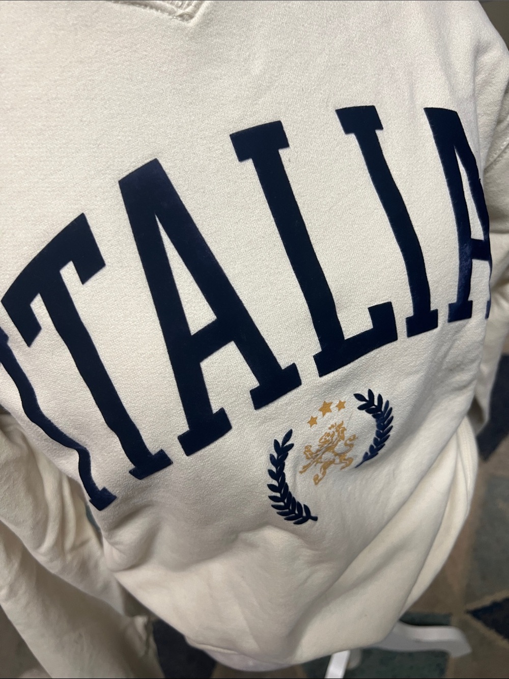 Hollister Cream V-Neck Sweater with Navy Italia Lettering - Picture 2 of 5